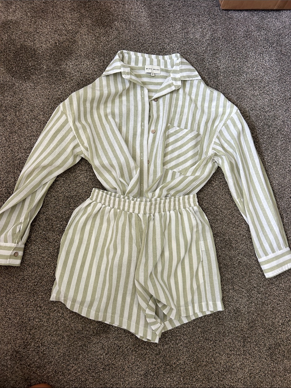 Sage Miou Muse set Stripe Button-Down Top and matching shorts